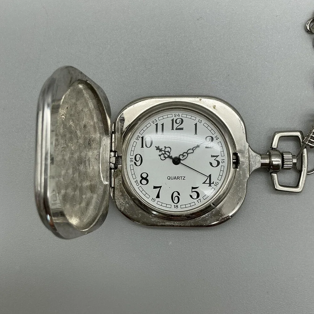 Mens Pocket Watch 45mm White Dial Silver Tone Chain Cushion Case New Battery